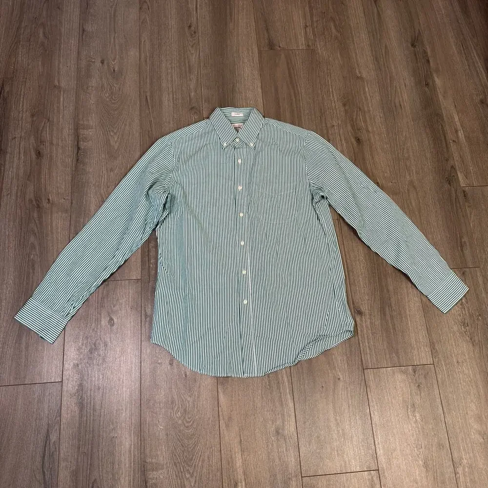 J.Crew Secret Wash Cotton Poplin Shirt Mens M Green White Striped Long Sleeve